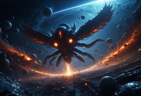 A highly detailed, ultra-realistic, In the vast, dark expanse of space, an epic battle unfolds against the backdrop of a massive alien planet. The planet itself is breathtaking—its oceans shimmer in a deep, sapphire-blue hue, reminiscent of liquid Gatorade, crystal clear and vibrant. The landmasses are covered in lush, alien vegetation, but unlike Earth's green forests, this world’s flora glows in warm tones of orange and brown, creating a stunning contrast against the brilliant blue waters. Wispy clouds swirl across the atmosphere, partially obscuring the surface in soft shadows. Dominating the foreground are colossal metallic spheres—monolithic, gleaming battle stations floating in formation. These giant metal orbs, smooth and reflective, exude a powerful presence, releasing thousands of smaller metal spheres into the battlefield like a relentless swarm. Each of these smaller orbs, agile and efficient, zips through space in perfect synchronization, creating an overwhelming force.
Opposing them are sleek, black, glider-like spacecraft, reminiscent of Batman’s signature aerial vehicles. These alien warships are sharp, ominous, and built for speed, cutting through space like dark shadows. Their surface absorbs light, making them appear almost like voids against the cosmic backdrop. These craft belong to an insectoid species, an eerie hybrid of humanoid and arthropod features. Among the wreckage, alien bodies drift lifelessly—their forms ant-like from the waist down, but with humanoid torsos and praying mantis-like heads. Their exoskeletons glisten with a biomechanical sheen, a blend of organic and machine. The battlefield is alive with chaos. Rainbow-colored laser beams burst in every direction, fired from the spherical war machines, illuminating space with a dazzling light show. Each blast arcs through the void, striking the black glider ships, causing fiery explosions that ripple outward. Some of the insectoid fighters return fire with deep red energy beams, carving through the metallic swarm with deadly precision.
The battle is an awe-inspiring spectacle of light, shadow, and destruction, with debris from shattered ships scattering in all directions. The bodies of fallen insectoid warriors float eerily through space, their lifeless forms caught in the silent, weightless abyss. Energy blasts refract off their armored exoskeletons as the carnage continues, an endless struggle for dominance in the cold, infinite darkness. realism, cinematic, best quality, realistic, shallow depth of field, high-resolution image, extremely detailed body, shallow depth of field,
