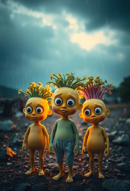 Warm golden hour light illuminates whimsical figures with exaggerated features, oversized heads, and big watery eyes.  Bright yellow faces and plant-like hair stand out against cool blues, greens, and purples.  The surreal outdoor setting, featuring a gloomy rainy sky, rocky terrain, and minimal clothing, creates a playful yet melancholic mood.