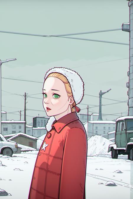 ls, chromatic aberration, 1girl, solo, upper body, detailed face and eyes, green eyes, soviet buildings on background, soviet buildings, winter, blizzard