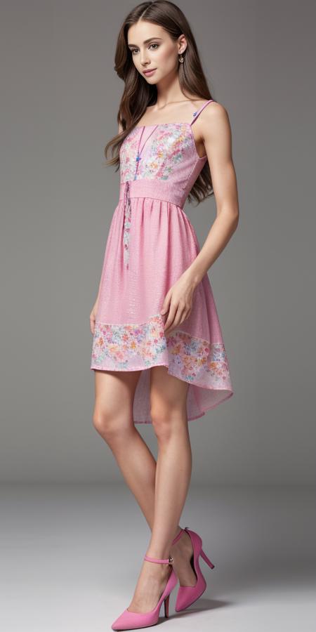 small european male body ,( square jaw, pecs, male torso), long hair, ((flat chest)) feminine face  wearing an flowy colorfull  woman dress,  heels,  office