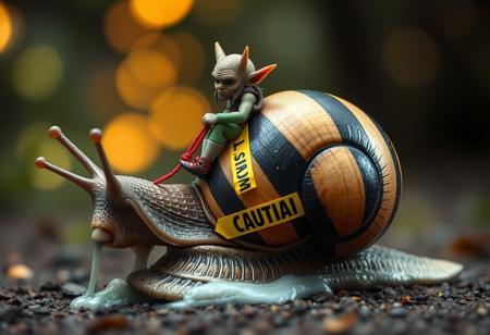 a tiny goblin jockey riding on the back of a giant snail, neon reins,the snail's shell is striped black and yellow and wrapped with yellow caution tape reading "civitai", slime trail, neon bokeh