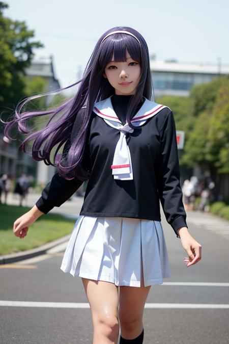 ultra-detailed,highly detailed,best quality,masterpiece,illustration,realistic,
daidouji tomoyo, tomoeda elementary school uniform, 1girl, solo, cosplay,
hairband, sailor collar, serafuku, long sleeves, neckerchief, pleated skirt, bobby socks,mary janes,
purple eyes, purple hair, long hair, bangs,
photo background, wind,floating hair, 
looking at viewer,v arms, 
<lora:daidouji tomoyo_xx_v1_06:0.7>