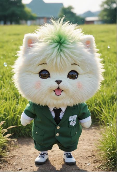beautiful fluffy animal, Expressiveh, volumetrics dtx, half-closed eyes, male focus, chibi, particles, burning, school uniform, hyperrealism, pretty, green skin, vibrant, field, faded film, natural skin texture, bubble, walking, sharp shot, adult, photograph