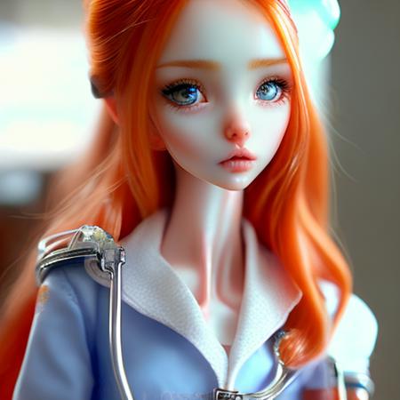 ((best quality)), ((masterpiece)), ((realistic)), (detailed), a (redhead:1.1) girl, she is wearing nurse uniform, in the hospital, highly detailed hair, 
(DollsMarinaBychkova-6500:0.9)