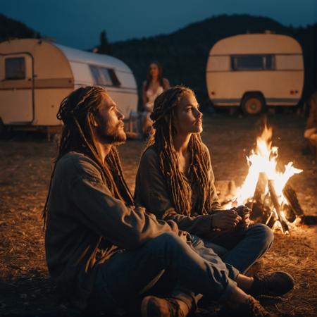 cinematic photo hyperreality, wide angle, 64k, photo of a hippi couple, long hair, dread looks, alternative clothing, sitting a a camp fire, old caravan in background, light from diffrent torches, perfect face, high definition, highest resolution, UHD, <lora:add_detail:1> . 35mm photograph, film, bokeh, professional, 4k, highly detailed
