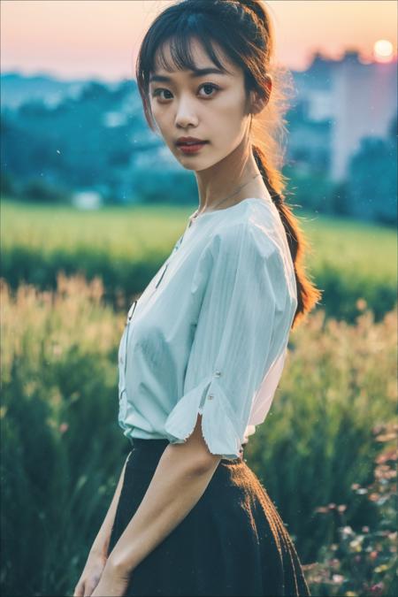 a girl standing alone in front of an old,shabby,film grain,depth of field,analog film style,vivid color,1girl,slender body,full body,beautiful eyes,beautiful symmetrical face,ponytail,bangs,blouse,skirt,fog,(masterpiece:1.2),best quality,high quality,(realistic),(absurdres:1.2),UHD,ultrarealistic,noise,<lora:JPfilmColor_Heavy_grain:0.5>,<lora:chinese-girl:0.8>,upper_body,in summer,city,dusk,sunset,cirrostratus_fibratus,bokeh,