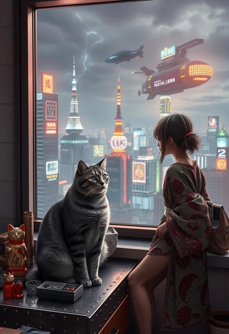 Grey tabby cat with green blue eyes sits on a cluttered metal riveted desk next to a maneki neko statue and a small Nintendo NES, the cat is looking out to a floor to ceiling window that looks out over a futuristic cyberpunk Tokyo skyline with skyscrapers, holographic advertisements, and futuristic airships covered with lights and advertisements in Japanese, a tall thin beautiful young woman, 22 years old, is standing next to the cat looking out at the city through the window, The woman is dressed in an ornate japanese style bath robe, exposing her lower legs.  The woman's hair is messy from just waking up. Artistic cyberpunk, dynamic perspective,
