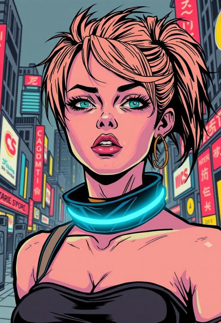 rough comics style, a punk woman wearing a neon-light collar in a cyberpunk city