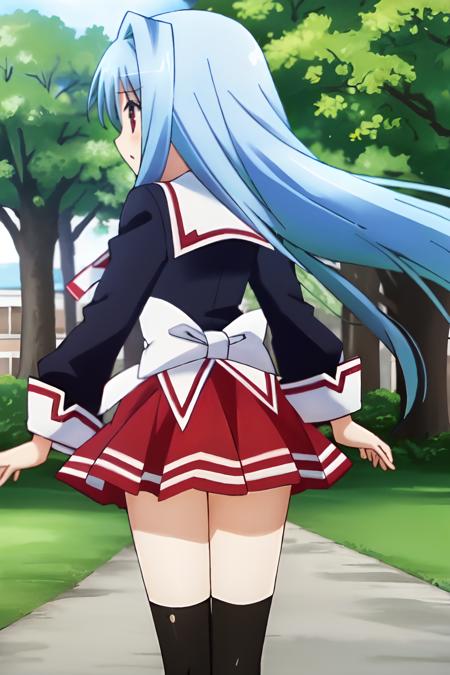 masterpiece, best quality, shiny hair, shiny skin, 1girl, solo, <lora:Kubrick_FearV2-10:0.8>, KubrickV2, school uniform, skirt, red skirt, pleated skirt, long sleeves, bow, white bow, necktie, buttons, serafuku, zettai ryouiki, thighhighs, black thighhighs, necktie, from behind,