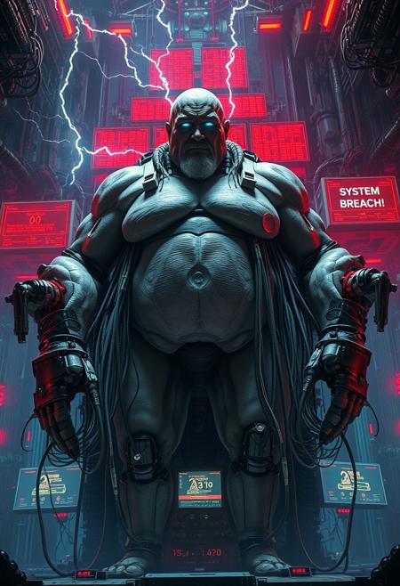 Big tall old sexy gay musclechub granddad, HR Giger sci-fi horror film, dark cinematic sci-fi atmosphere, blame! Megastructure by tsutomu nihei, biomechanic cyborg plugged into machine with many big cables and colorcoded wires, multiple robotic arms coming out of his back like a god of illusion, huge tubes connected to body, organic fleshy components and pale wet skin with large musclefibers, machine god embedded into huge cybernetic throne, glowing blue eyes that emit electric lightning, short-circuit, thunderbolts, red glowing Datastream surrounding cables, screen in back with a lot of binary code on it, red holographic screens with errorcode and exclamation marks floating around  god, one screen displaying "SYSTEM BREACH!", calm serene stoic expression on machine gods face
