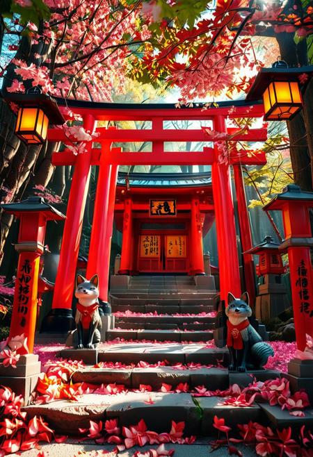 A breathtaking Inari shrine is hidden within a serene Japanese Sakura orchard. The scene is illuminated by the soft glow of ping sakura blossoms, casting cool pink light on the vibrant red torii gates that form a mesmerizing tunnel leading up the shrineas stone steps. The ground is covered with delicate fallen sakura blossoms. Kitsune (fox) statues with intricate details guard the entrance, wearing red bibs symbolizing their sacred role. The shrineas wooden structure is adorned with ancient calligraphy and shimenawa ropes, exuding a mystical and spiritual atmosphere. Sunlight filters through the cherry trees, A beautiful geisha girl is humbly bowing to the viewer from between the foxes, She is traditional in her Kimono and makeup.
<lora:SDXLFaeTastic2400:0.4> <lora:extremely_detailed:0.4> extremely detailed, <lora:Inari_shr1n3:1>,Inari shr1n3, Masterpiece,best quality,hi res,8k,hi res,8k,award winning,(sharp focus, intricate, highly detailed),