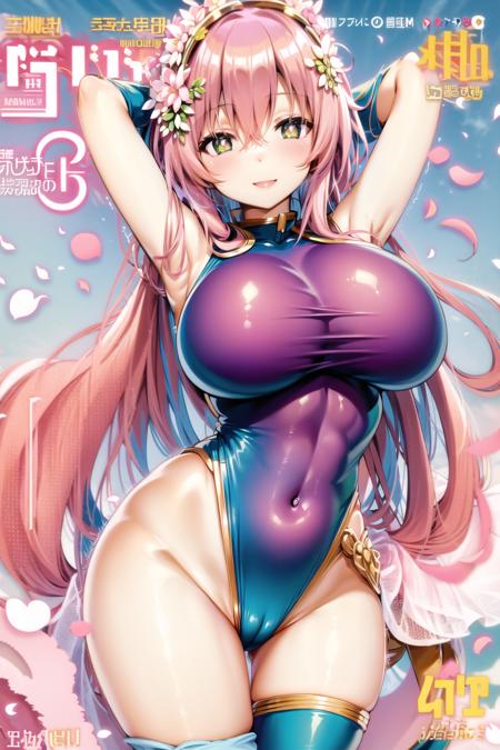 magazine cover, large breasts, wide hips, white pupils, pink hair, flower petals, green eyes, blue leotard, superhero, arms behind head, smile, flower crown, looking at viewer, long hair, smile, <lora:Anime Magazine Cover V1:0.6>