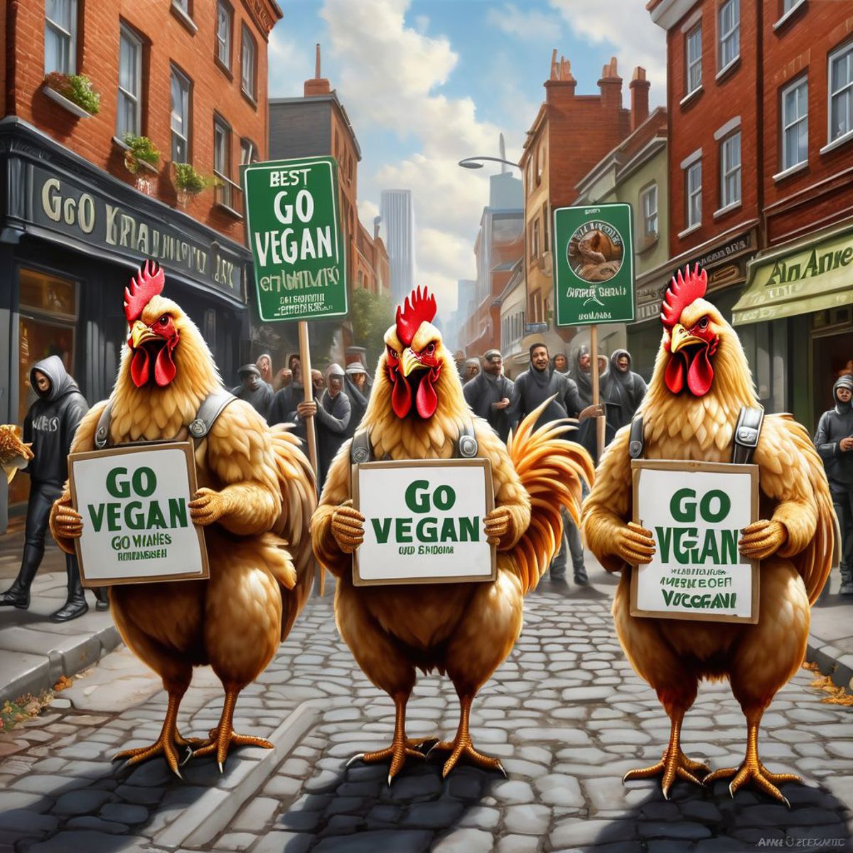 An illustration of roosters holding up Go Vegan signs with a cobblestone street.