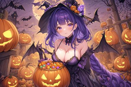 ultra-detailed,(best quality),((masterpiece)),(highres),original,extremely detailed 8K wallpaper,(an extremely delicate and beautiful),
anime,
1girl,raiden shogun,purple hair,solo,looking at viewer,full body,
jack-o'-lantern,pumpkin,halloween,witch_hat,bat,halloween_bucket,halloween_costume,pumpkin_hat,pumpkin_hair_ornament,wings,bat_wings,candy,ghost,happy_halloween,breasts,trick_or_treat,gloves,cleavage,bat_hair_ornament,spider_web,claw_pos,
BREAK <lora:XL è¶çº§é·ç¥_1.0:0.7>,