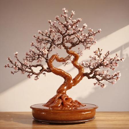 A bonsai plum tree sculpture made of caramel, highly glossy surface, beautifully reflecting light, intricate details of plum branches and blossoms, simple white or light wooden background, warm soft lighting, realistic texture, ultra-high resolution, photorealistic, no people,
caramel, caramel sauce,
8k, score_9, score_8_up, score_7_up,
masterpiece,realistic,ultra detailed, vibrant colors,photo-realistic,
