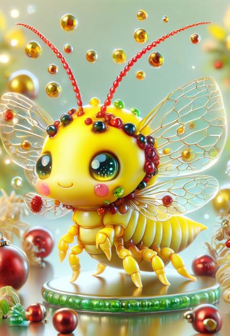 A hyper-realistic, small, and cute chibi-style insect character disney style,chibi,yellow Axolotl,jelly berries,Elf world, the insect has exaggerated large eyes <lora:ral-smolinzect:1> 
 red glass ornaments intricately designed with swirling patterns. The ornaments are illuminated from below, casting a warm, fiery glow that refracts through the glass, creating a mesmerizing array of colors on the surrounding surface. The composition is centered, with the chibi insect  surrounded by glass ornaments taking up most of the frame emphasizing its delicate texture and the play of light. The art style is realistic, with a focus on the glass's transparency and the depth of the patterns.
ral-smolinzect, x made from colorful colored shiny steel balls, text, cute x , text, ral-smolinzect