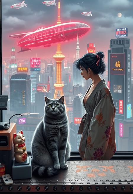 Grey tabby cat with green blue eyes sits on a cluttered metal riveted desk next to a maneki neko statue and a small Nintendo , the cat is looking out to a floor to ceiling window that looks out over a futuristic cyberpunk Tokyo skyline with skyscrapers, holographic advertisements, futuristic airships covered with lights and advertisements in Japanese, a space elevator, (((a tall thin beautiful young woman, 22 years old, is standing next to the cat looking out at the city through the window))), The woman is dressed in an ornate Japanese style bath robe, low cut to above navel and showing her lower legs.  The woman's hair is messy from just waking up and tied up with a ribbon. Artistic cyberpunk, dynamic perspective, a translucent neon projection of a strip club bar advertisement displaying a partially dressed woman is visible on a nearby building,