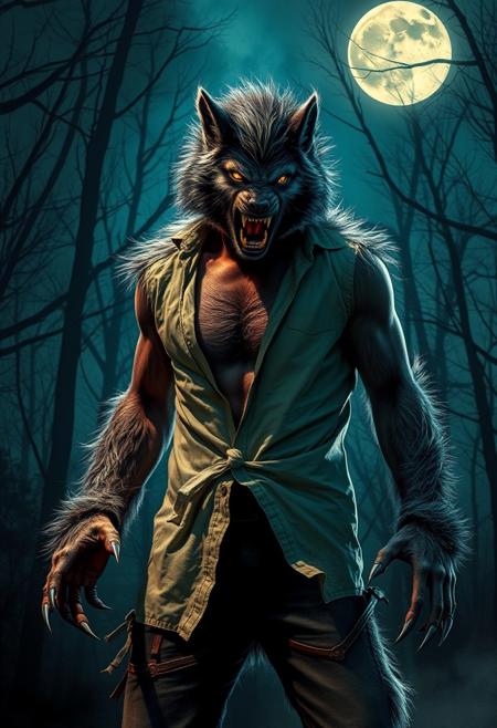 The Cursed Werewolf: A man stands mid-transformation under a full moon, his clothes tearing as fur bursts from his skin. His face is caught between human and beast, with sharp fangs and glowing yellow eyes. The scene is set in a dark forest, the air filled with distant howls and the rustling of the trees as he gives in to the primal curse, claws extending from his fingers.