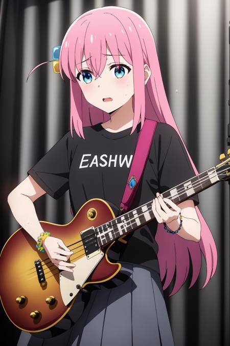 ((best quality)),((highly detailed)),masterpiece,absurdres,detailed face,beautiful face,(detailed eyes, deep eyes),1girl,((dynamic pose)) , <lora:BocchiLoraV1:0.7>, Bocchi, instrument, long hair, electric guitar, pink hair, cube hair ornament, guitar, gibson les paul, solo, blue eyes, shirt, skirt, holding instrument, grey skirt, black shirt, sweat, holding, music, playing instrument, open mouth, t-shirt, short sleeves, bangs, plectrum, hair between eyes, indoors, bracelet, microphone, jewelry, very long hair, standing, sweatdrop, bass guitar, stage, looking down, microphone stand, hair ornament, black skirt, pleated skirt, cowboy shot, curtains, sidelocks