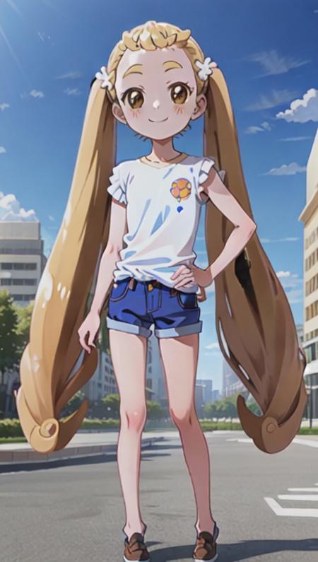 (masterpiece), best quality, (cel anime), highest quality, ((high detail:1.2)), (HDR), (cinematic light:1.1), highres, (fingers 5 fingers),(little girl), (ultimate cute girl), (makihatayama_hana), 1girl, solo, (full body), blonde hair, long hair, hair intakes, brown eyes, dot nose, (hanacos01:1.5), white shirt, (blue shorts) , (model pose), shade, anime keyvisual,(smile),<lora:hana_makihatayama_v2_5:0.8>,blue sky, park