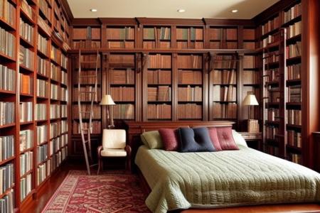 a fantasy bedroom that is also the owner's personal library with books everywhere