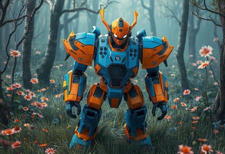 An ornate blue and orange Superheavy Samurai Soulpeacemaker robot stands proudly, poised on grass within the mystical Forest of Lost Flowers. Vibrant blue body, orange limbs, black control panel, striking orange and black head with large white eyes. Intricate components, sharp lines. Cinematic isometric view, captivating lighting, golden ratio. Splash Ink illustration, Octane Render, Unreal Engine 5, Matte Painting, trending on Artstation, CGSociety. 8k resolution, intricate details, impeccable composition.