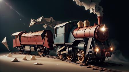 woorigami locomotive train, folded, paper-made, origami <lora:WorldofOrigami:1><lora:add_detail:0.5> <lora:LowRa:0.25>, (Masterpiece:1.3) (best quality:1.2) (high quality:1.1), lots of details,cinematic,high-resolution DSLR,particle effects,high quality,32k resolution,sharp shadows,lens flare,analog style,breathtaking