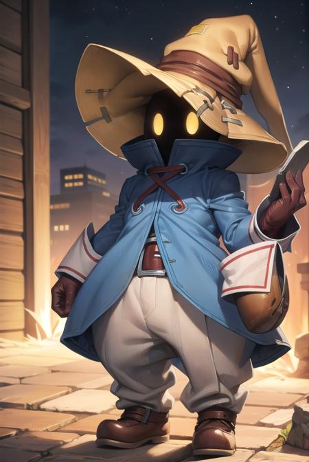 vivi ornitier, baggy pants, belt buckle, blue coat, boots, brown footwear, brown gloves, buckle, coat, gloves, hat, hat belt, high collar, pants, striped, striped pants, wizard hat, (yellow eyes:1.5), yellow headwear,