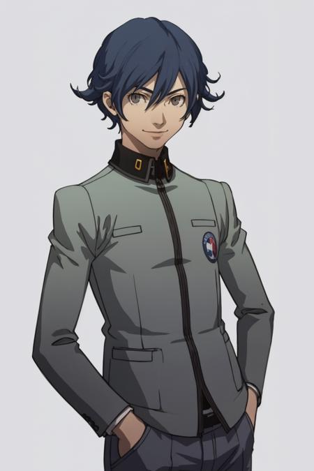 masterpiece, best quality, solo, 1boy, looking at viewer, smile,  <lora:P3-Protraits_Fp:0.8>, simple background,  <lora:NaoyaV3:1> Naoya, school uniform, grey pants,