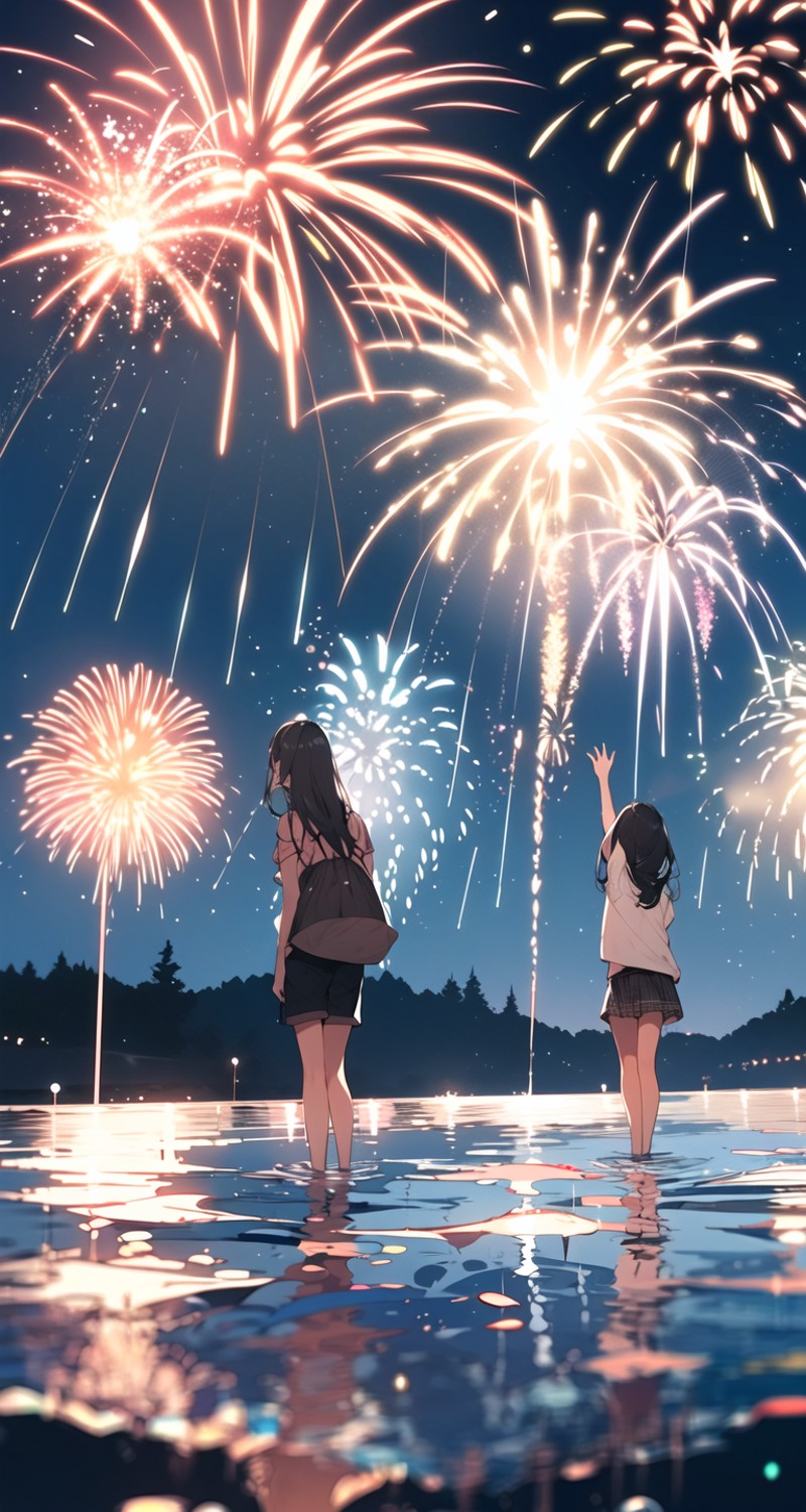 vertical view, a girl, fireworks reflected in the water