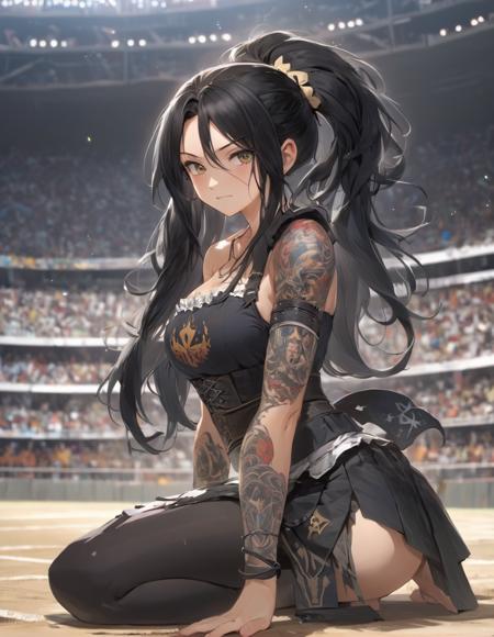 anime, (1girl, solo:1.2), teen, colored skin, tattoo, athlete, black hair, very long hair, messy hair, side ponytail, blunt bangs, silver eyes, evil grin,
dirndl, kneeling, arena, no humans, looking away