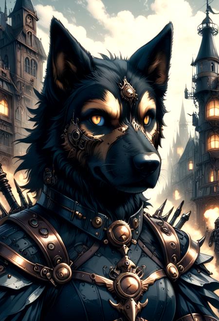 A portrait of an Humanoid warrior Dog in a black dress, highly detailed, steampunk style, dark fanatsy art, digital painting, high detailed, 4k, mobe-godeen <lora:GothicDetailEnhancerV1:1>, mobe-90c0m, <lora:RetFutCom-V1:1>,