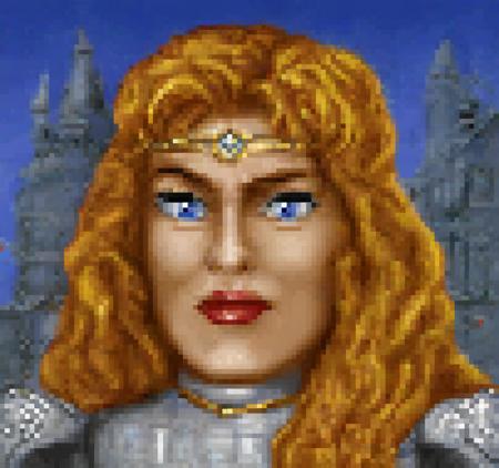 cinematic still Original HoMM2 style portrait of Catherine Ironfist, a female knight queen with long, wavy red hair and a golden headpiece adorned with a blue and gold intricate Celtic ornament. The character has fair skin, blue eyes, and a serious frowning expression with red lips. She wears a full plate armor with golden decoration without helmet. The background includes a castle to the right and a tower with glowing windows to the left with a dark blue sky . emotional, harmonious, vignette, 4k epic detailed, shot on kodak, 35mm photo, sharp focus, high budget, cinemascope, moody, epic, gorgeous, film grain, grainy, Fanart HoMM2 style, HoMM2, HoMM2 style, Heroes of Might and Magic 2, fanart, stylized portrait, by Gor Mor, Artificial Intelligence art, character portrait, character portrait from HoMM2, character portrait from Heroes of Might and Magic 2, character portrait from Heroes of Might and Magic, Catherine Ironfist, Catherine, Ironfist, human, female, woman, knight, queen, red-haired, noble, blue-eyed, Catherine Ironfist from Heroes of Might and Magic, knight class, knight class hero, knight class hero portrait, knight faction, golden crown, blue ornament, royal armor, gold trim, full plate armor, regal attire, ceremonial dress, ornate accessories, castle backdrop, nighttime sky, towers, fortress, deep blue, stone structures, illuminated windows, tower, regal, female character, sky, city, town, pixel art, 8-bit, portrait, Original HoMM2 style portrait of Catherine Ironfist, a female knight queen with long, wavy red hair and a golden headpiece adorned with a blue and gold intricate Celtic ornament. The character has fair skin, blue eyes, and a serious frowning expression with red lips. She wears a full plate armor with golden decoration without helmet. The background includes a castle to the right and a tower with glowing windows to the left with a dark blue sky, cinematic composition, dramatic atmosphere, detailed, vibrant colors, epic light, attractive, highly detail, saturated, deep royal, very beautiful, stunning, romantic, creative, cute, inspired, inspiring, lovely, complex, cheerful, cool, unique, awesome, inspirational, elegant, elaborate, fancy