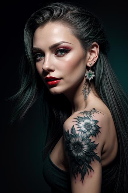 DigiArt Style, 1girl, solo, looking at viewer, long hair, monochrome, greyscale, earrings, red lips, BREAK, deep green eyes, petals, eyelashes, tattoo, makeup, watermark, piercing, ear piercing, portrait,