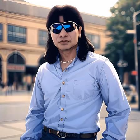 (1boy, solo), <lora:ralro_v2-000021:0.8>, realistic, sunglasses, male focus, (ralo:1.3), long hair, parted bangs, cowboy shot