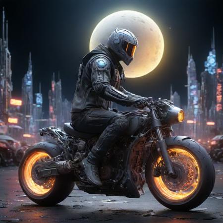A full body portrait of a cyber punk man sitting on a motorcycle,  <lora:lcm_sdxl_lora:1>,  <lora:FF-CyberF-Male1Locon:0.8> cyberpunk, art, neon, style, digital, motorcycle, artwork, city, motorbike, man, sitting, render, hyperrealistic, octane, futuristic, ultrarealistic, street, rider, 2077 <lora:Full_Moon(7560):0.81> bj_full_moon, scenery, night, outdoors, sky, full_moon, night_sky, starry_sky