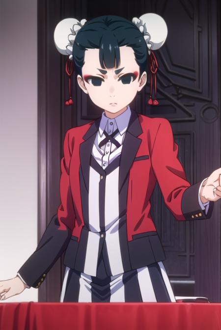 miriyoubami, <lora:miri youbami s2-lora-nochekaiser:1>,
miri youbami, short hair, bangs, black hair, hair bun, (black eyes:1.5), double bun, makeup, empty eyes, bun cover,
BREAK skirt, shirt, school uniform, jacket, white shirt, pleated skirt, collared shirt, black skirt, blazer, (red jacket:1.5),
BREAK indoors, classroom,
BREAK looking at viewer, (cowboy shot:1.5),
BREAK <lyco:GoodHands-beta2:1>, (masterpiece:1.2), best quality, high resolution, unity 8k wallpaper, (illustration:0.8), (beautiful detailed eyes:1.6), extremely detailed face, perfect lighting, extremely detailed CG, (perfect hands, perfect anatomy),