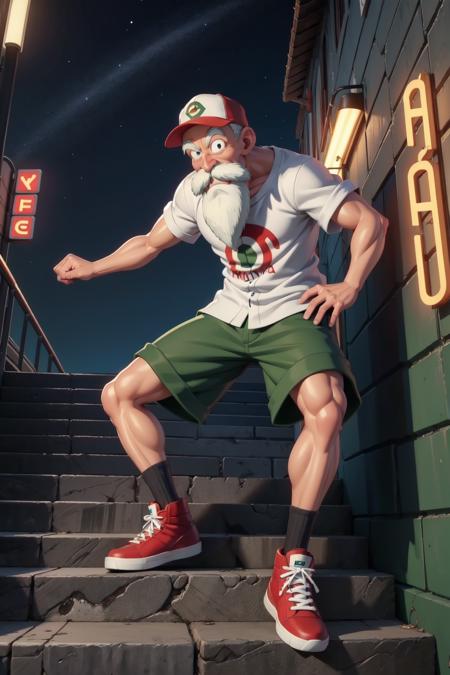 best quality, masterpiece, muten roushi, 1boy, facial hair, male focus, solo, full body,beard, old man, red sneakers, bald, white hair, mustache, climbing down stairs, futuristic city,neon lights,night,  green t-shirt, (white cargo shorts), (black eyes), red baseball cap, ((backwards hat))