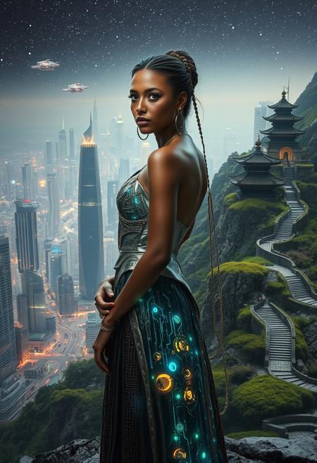 A captivating woman, her presence both futuristic and ancestral, stands at the nexus of a bustling metropolis and a serene mountaintop sanctuary, Her dress, a fusion of intricate tribal patterns and sleek, metallic fabrics, incorporates elements of both ancient traditions and futuristic design, reflecting a harmonious blend of the past and the future. The dress, adorned with glowing circuitry and shimmering holographic projections, catches the light of the cityscape below and the stars above, creating a mesmerizing interplay of light and shadow. Her gaze is determined, visionary, as she surveys the dynamic scene before her. The backdrop is a mesmerizing vista of towering skyscrapers and bustling streets, a testament to the relentless progress of technology, juxtaposed with a serene mountaintop sanctuary, where ancient temples and meditation gardens offer a refuge from the frenetic pace of urban life.  Sleek, levitating vehicles navigate the skies above the city, while ancient, moss-covered pathways wind through the tranquil mountaintop sanctuary. The scene is captured with the artistry and precision of a skilled photographer, the high-contrast of the ancient and the futuristic, the natural and the artificial. The color palette is a rich tapestry of cool blues and greys, contrasted with the warm oranges and yellows of the cityscape lights, creating a sense of both dynamism and tranquility.
