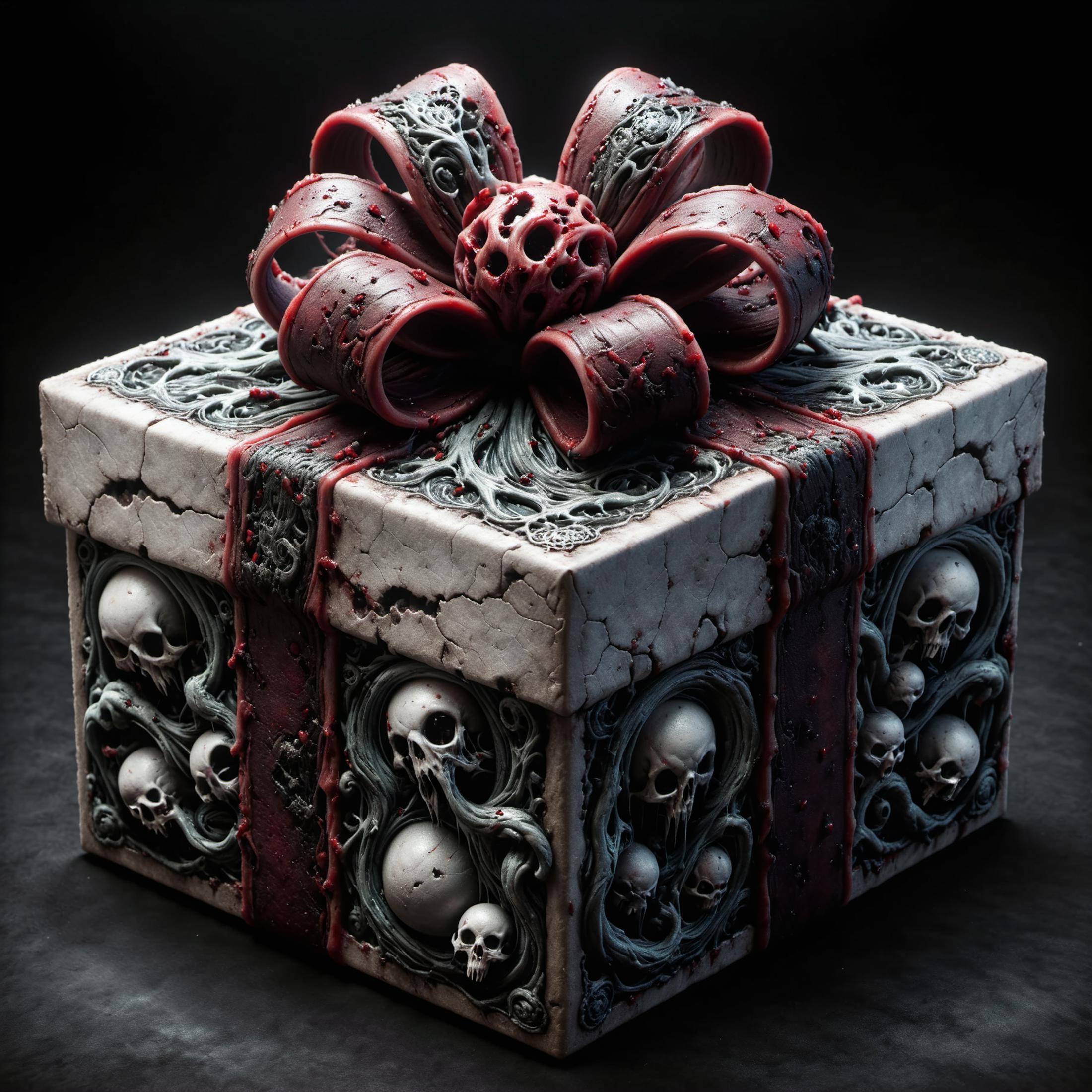 A skull and bones gift box with a bow.