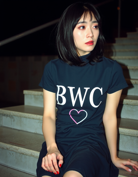 korean woman with very pale skin and black hair and wearing goth dress with the word "BWC" and a heart stamped on it in bold white letters and wearing no makeup and no lipstick, looking away, outdoors at night, sitting on concrete stairs, candid photo, analog photography with film grain