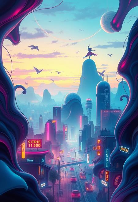 The town features a futuristic cityscape with glowing neon lights, abstract flowing shapes merging into the skyline, soft gradients blending between dusk and dawn, and ethereal figures floating in the air, all rendered in a fluid, dreamlike style, emphasizing vibrant colors, motion, and high contrast. The entire composition is vivid and dreamy, evoking a sense of wonder.