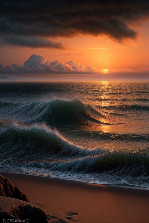 Dramatic clouds rolling in from the sea, casting shadows over a beach at sunrise, vibrant hues of orange painting the sky, hyperrealistic landscape, cinematic lighting, detailed textures, masterpiece digital painting by Ivan Aivazovsky and Claude Monet, 8k resolution, tranquil atmosphere, beautiful scenery.