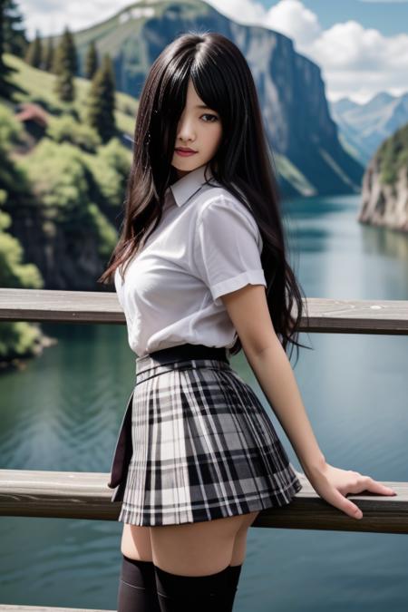 1 woman, 22yo, realistic, masterpiece, high detailed skin, looking at viewer, full body shot, scenic view, long hair, black hair
<lora:A5_Shirt_Skirt_By_Stable_Yogi:0.8> black thighhighs, pleated skirt, plaid skirt, one side up, white shirt, miniskirt