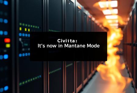 Servers that marked "Civitai" is on fire in background, focus text "It's now in Maintenance Mode"