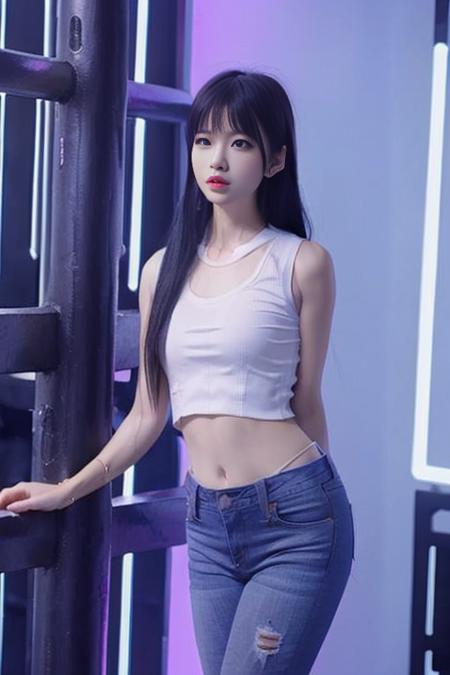 1girl, Chinese, wearing white crop top, grey jeans, earrings, with a background of Times Square. upper body, 8k, HDR, photorealistic, realistic, slim legs,