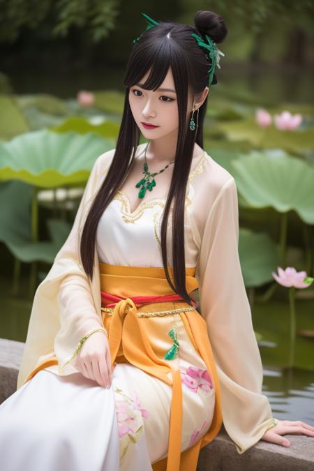 tangyurou, 1girl, solo,cosplay,  china dress, chinese clothes, hanfu, long sleeves, shawl, jewelry, necklace,