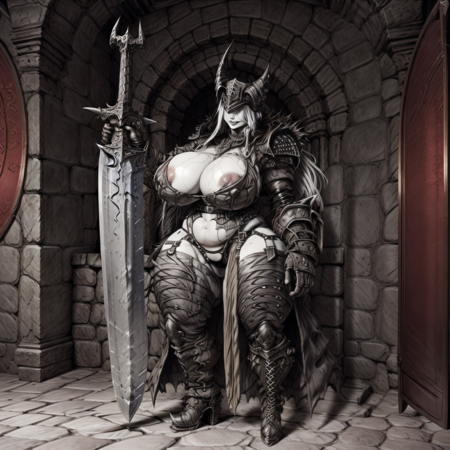  undead woman, dark armor outfit, black cape, headgear, Black Thong, eyes hidden under her helmet, long white hair