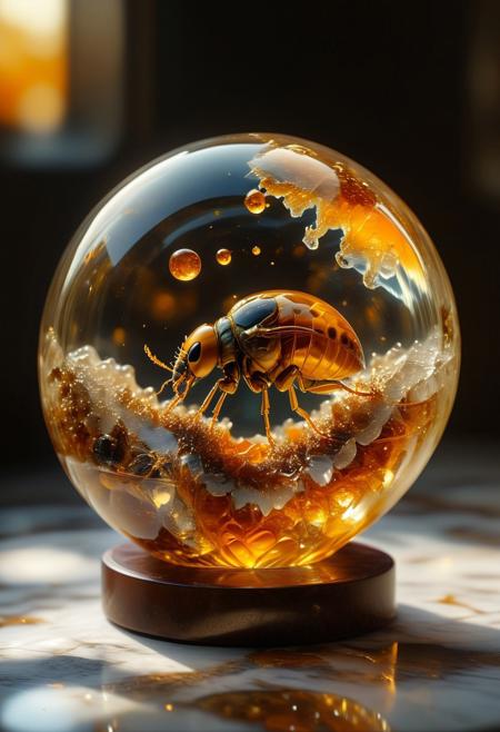 improved cinematic photo, 35mm photograph, film, professional, 4k, highly detailed,
An amber fragment enclosing a snowglobe,
The amber fragment is a smooth, slightly irregular sphere, roughly the size of a marble, with a warm golden-brown hue. Its surface is polished, gleaming softly under light, revealing a mesmerizing play of golden, honey, and orange tones. Tiny air bubbles and organic inclusions are scattered throughout, lending it a sense of antiquity and natural complexity.
Inside, a perfectly preserved Human Heart lies suspended in time, its delicate body encased in the translucent amber.
Around the Human Heart, subtle striations and minute organic fragments, possibly plant material or dust, create a vignette that frames the insect. The amber’s clarity varies in places, with some sections slightly cloudy, further accentuating the Human Heart as the focal point. The fragment feels timeless, a tiny time capsule offering a glimpse into a prehistoric world millions of years ago
