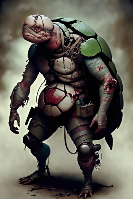 <lora:lostedenTECHv3:1> l0st3d3n turtle, bloody, bandage, standing postapocalyptic checkpoint , 35mm, f8.0, high detail, high quality, grotesque, disturbing